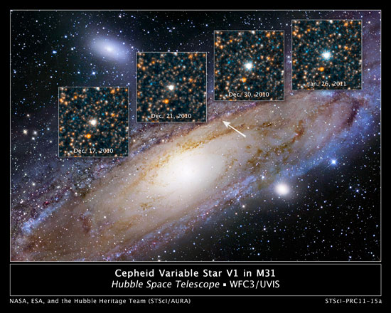 Images of Cepheid Variable Star V1 in M31 taken on: December 17, 2010; December 21, 2010; December 30,l 2010; and January 26, 2021