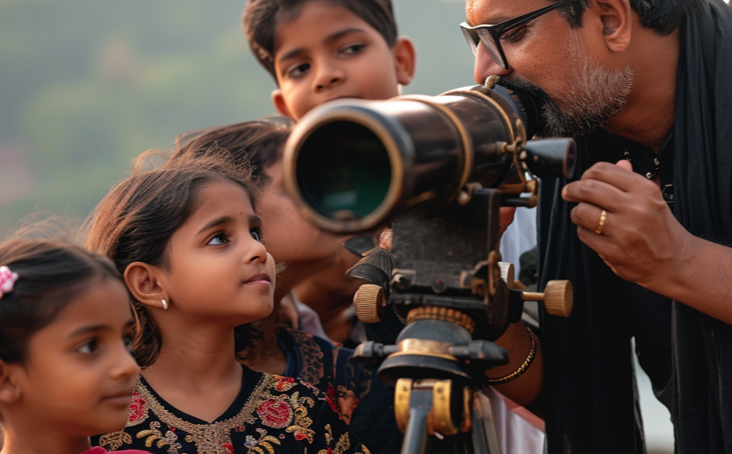 A father explains how to use a telescope while his four children look at him attentively.